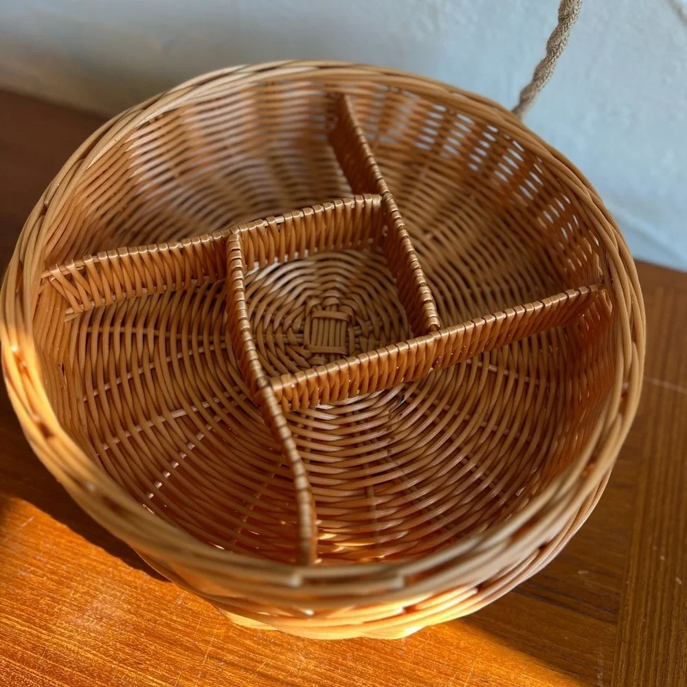 Vintage Wicker Divided Snack Baskets – Boho Farmhouse Kitchen – Round (Set of 2)